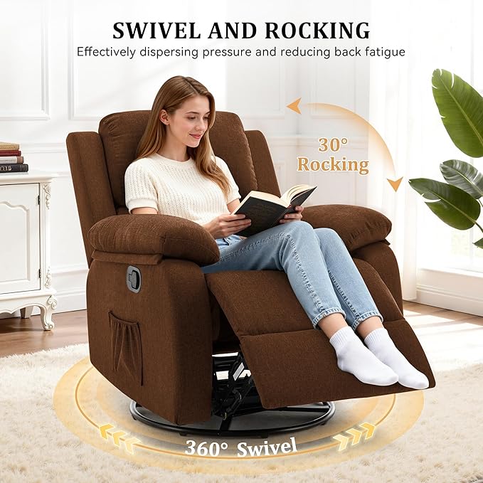 Recliner Chair, 360 Swivel Rocker Chair for Adults, Small Rocking Recliner for Small Spaces, Upholstered Fabric Glider Recliner Nursery