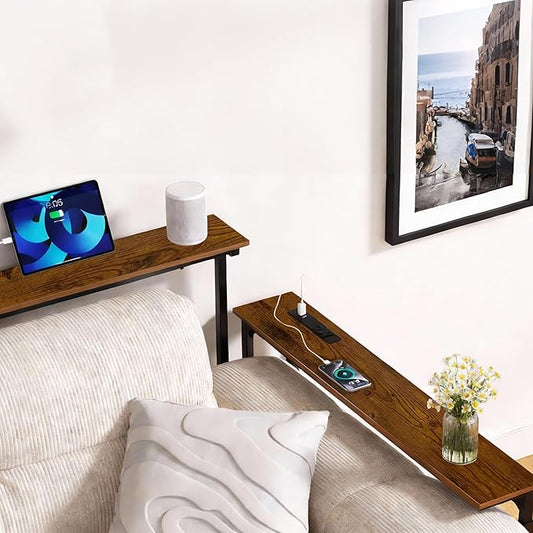 GRLEAF 35" Adjustable Height Narrow Console Table with Power Outlets, Long Sofa Table with Charging Station Behind Couch Table Skinny Entryway Table for Living Room, Hallway and Office – Rustic Brown