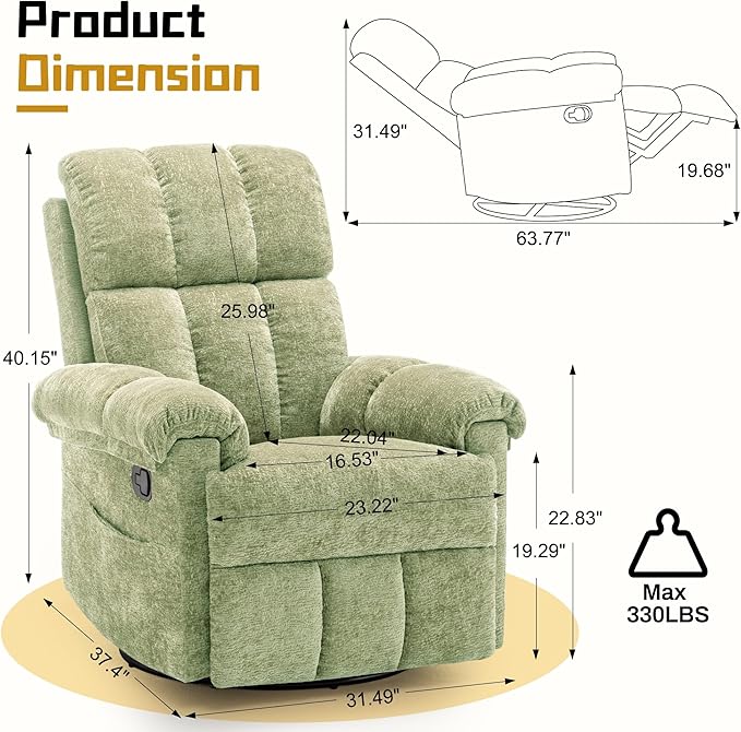 Recliner Chair, Swivel Rocker Recliner Chair for Adults, Small Recliners for Small Spaces, Upholstered Manual Recliner with Side Pockets, Nursery Rocking Chair for Living Room, Chenille, Green