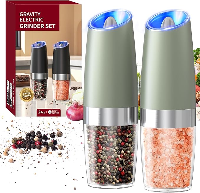 CIRCLE JOY Gravity Electric Salt and Pepper Grinder Set Automatic Salt and Pepper Grinder Set with LED Light, Battery Operated, Adjustable Coarseness, Large Capacity, for Home Kitchen BBQ, Green