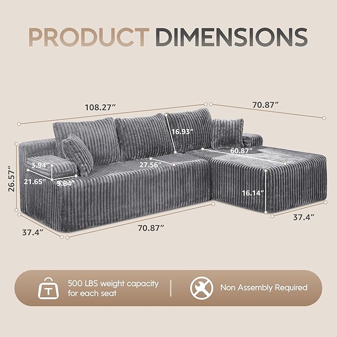 Modular Sectional Sofa Couches L-Shape Couch 3 Seat Modular Sofa Memory Foam Sectional Couches for Living Room, Cloud Couch with Oversized Chaise (Light Grey Stripe, 108" Right Facing Chaise)