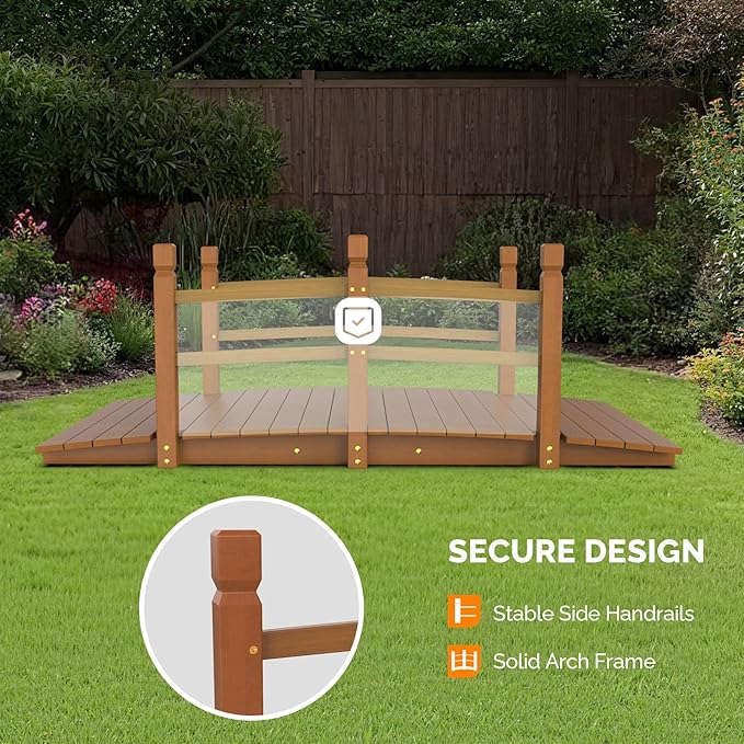 VINGLI Garden Bridge, Classic Wooden Bridge with Safety Rails, Decorative Arhced Footbridge for Patio Pond, Creek, Pathway(Brown, 5 ft)