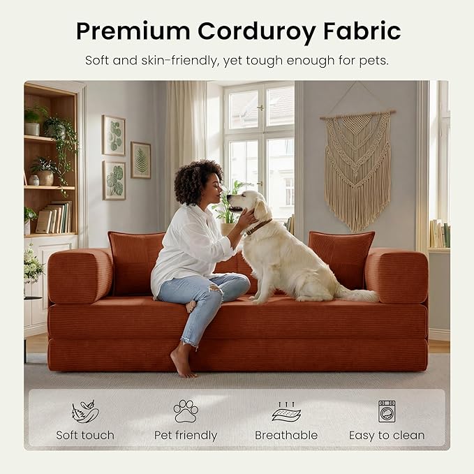 78.8" Convertible Futon Sofa Bed,Corduroy Futon Couch with Storage Pocket,Folding Pull Out Sofa,No Assembly Boneless Couch for Living Room,Orange