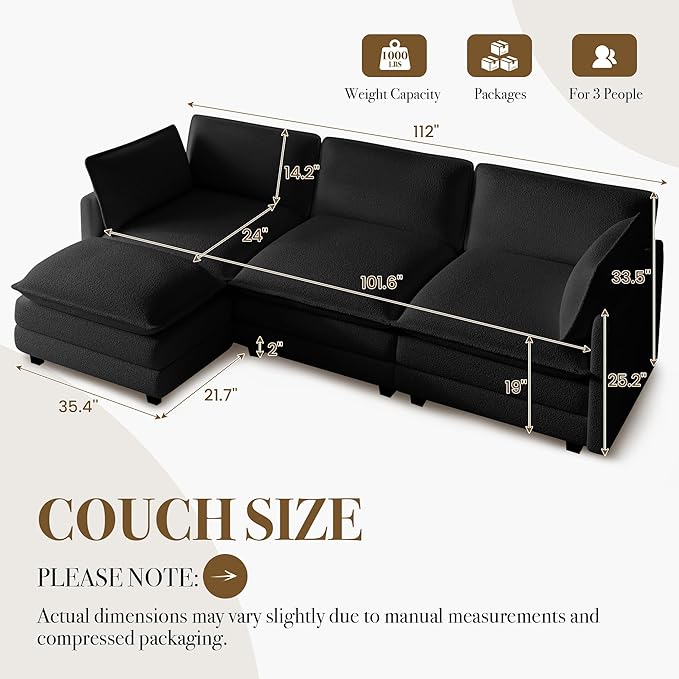 ROWHY 112'' Modular Sectional Cloud Couch with Movable Ottoman, 4 Seat Modern Chenille Sofa with 2 Throw Pillows, Deep Seat L Shaped Couch for Living Room Bedroom Apartment, Black | Arrange Freedom, Pet-Friendly Fabric, Sturdy Frame, Ultimate Comfort, ...