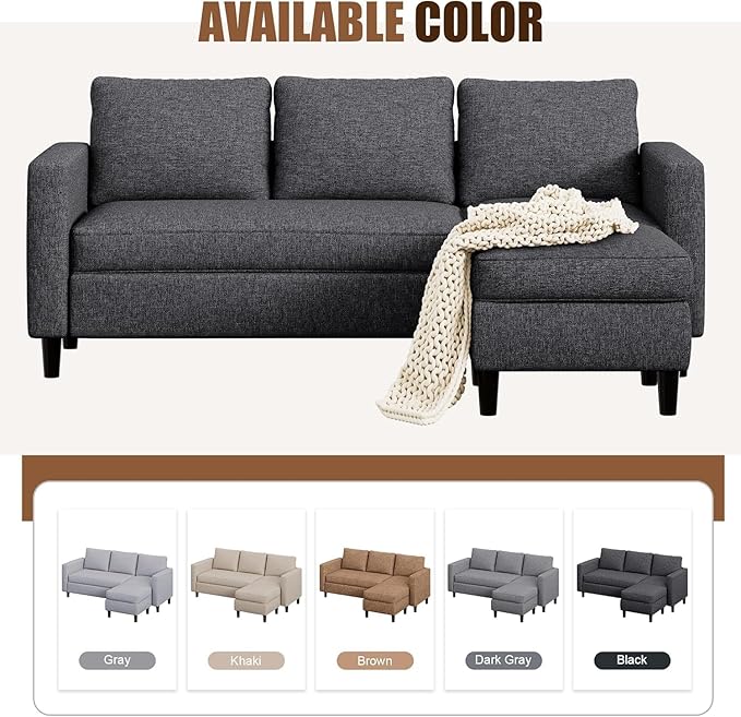 JAMFLY 73.6" Modular Sectional Sofa with Ottoman for Small Apartments, Reversible L-Shaped Couch for Compact Living Rooms, Linen Fabric 3-Seater Set for Studio & Office Nap, Black