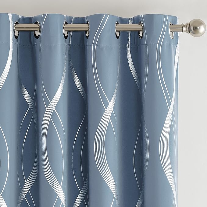 NICETOWN Vintage Blue Foil Print 90 inch Long Curtains for Elegant Home Decoration, Wave Silver Line Design Drapes Light Filtering, W52 x L90, 2 Panels