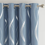 NICETOWN Vintage Blue Foil Print 90 inch Long Curtains for Elegant Home Decoration, Wave Silver Line Design Drapes Light Filtering, W52 x L90, 2 Panels