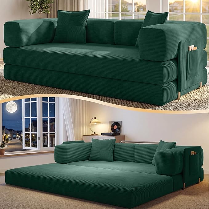 78.8" Convertible Sofa Bed,Corduroy Futon Couch with Storage Pocket,Folding Pull Out Futon Sofa,No Assembly Boneless Couch for Living Room, Emerald Green | Convertible Sofa Bed, Boneless Couch, sofa for living room, sleeper sofa, modular sofa