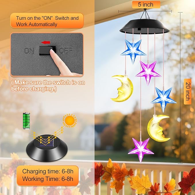 Birthday Gifts for Women Mom Grandma Her Wife, Winzwon Solar Lights Outdoor Wind Chimes for Outside Garden Yard Patio Porch Deck Hanging Decor, Moon and Star Gifts for Mothers Day