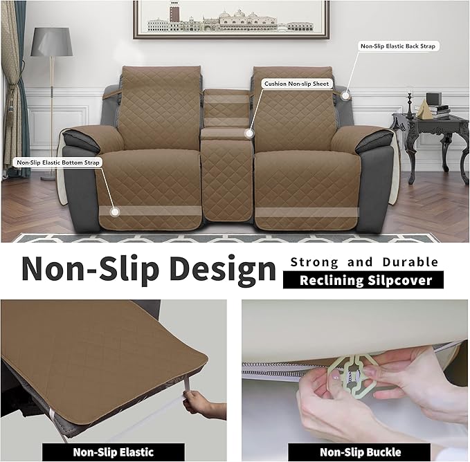 Easy-Going Loveseat Recliner Cover with Console, Reversible Couch Cover for Living Room, Split Sofa Cover for Each Seat with Elastic Straps for Kids, Dogs, Pets(2 Seater, Camel/Ivory)