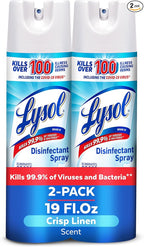 Lysol Disinfectant Spray, Household Essential Cleaning Supplies, Multi-Purpose Room Spray, Antibacterial Sanitizer Spray, Upholstery Deodorizer, Home and Bathroom, Crisp Linen,19 Fl Oz (Pack of 2)