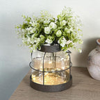 Vintage Glass Farmhouse Vase - Handmade Rustic Lantern Planter with Bonus Artificial Flowers & LED Lights (Home Decor Centerpiece), Farmhouse Wedding/Christmas Decor, Housewarming Gift