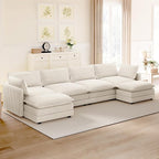 ROWHY 148'' Sectional Cloud Couch with 2 Ottomans, Oversized 4 Seat Sleeper Sofa with 2 Throw Pillows, Convertible Upholstered U Shaped Cozy Sofa Furniture Set for Living Room and Office, Beige