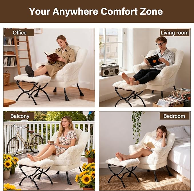 Welnow Lazy Chair with Ottoman, Modern Accent Chair with Armrests and a Side Pocket, Leisure Sofa Armchair, Reading Armchair with Footrest for Small Space, Plush Beige