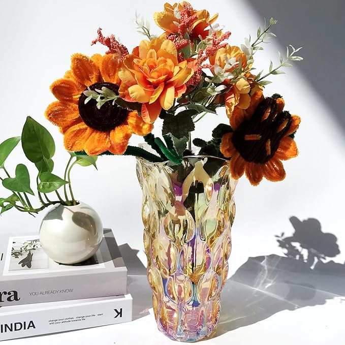 Flower Glass Vase Thick 3.5lb 9.5inch Sparkle vase Bohemian Style, for Centerpieces,Kitchen,Office, Living Room,Wedding,Perfect Home Decor Glass Vase (Sparkle Amber)