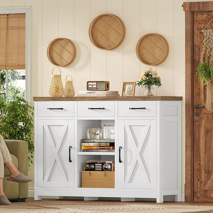 TEENFON Storage Cabinet, Coffee Bar Cabinet with 3 Drawers, 2 Adjustable Shelves & 2 Doors, Buffet Cabinet, Kitchen Cabinet for Kitchen, Dining Room, Living Room, White