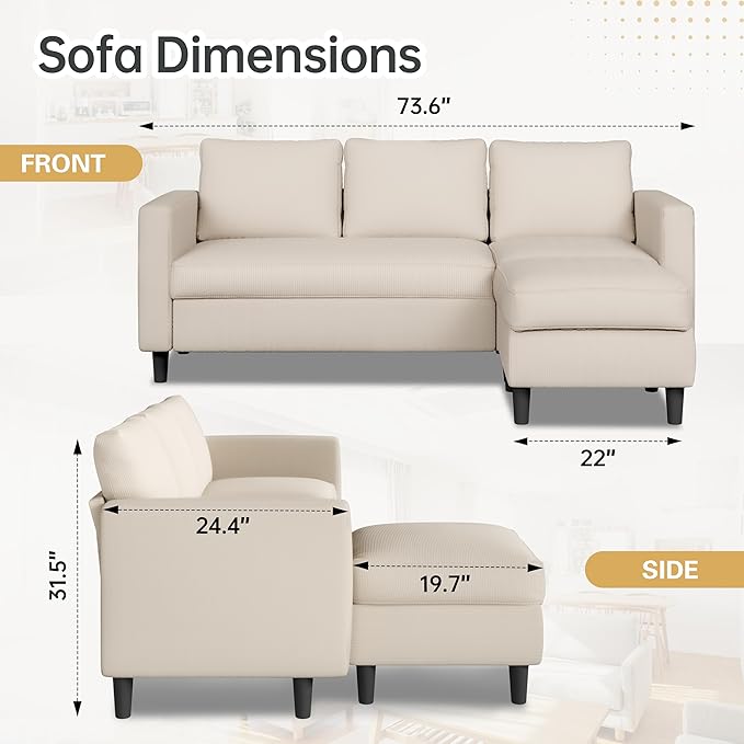JAMFLY 3-Seat Convertible L-Shaped Sectional Sofa with Reversible Ottoman, Upholstered Fabric Couch for Small Living Rooms, Modern Modular Couch for Apartment, Studio & Loft, Beige