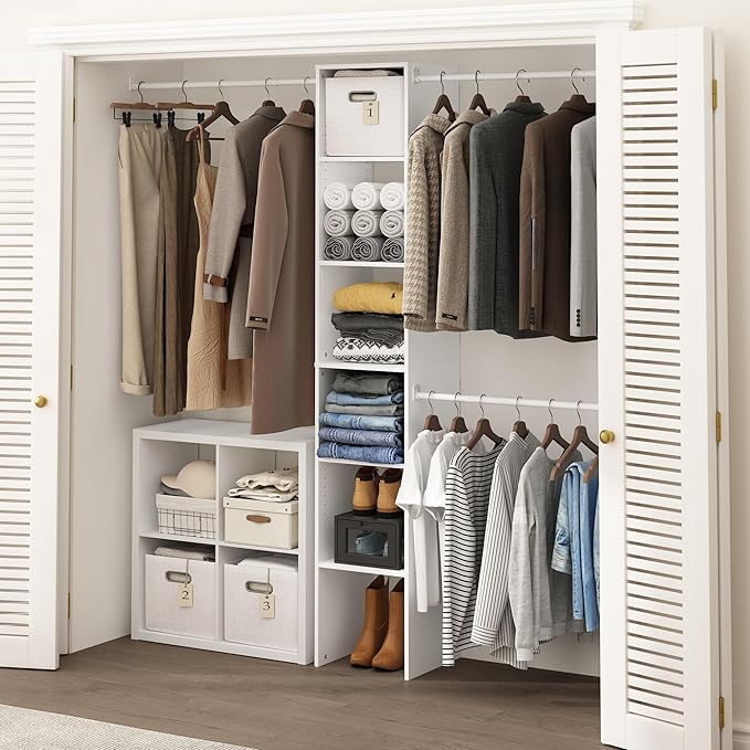 Furinno FANO Closet Organizers and Storage, 5-Tier Closet Storage Organizer with 3 Hanging Bars, Wardrobe Closet Shelf Towers, Adjustable Shelves, for Wardrobe, Bedroom, Living Room, White