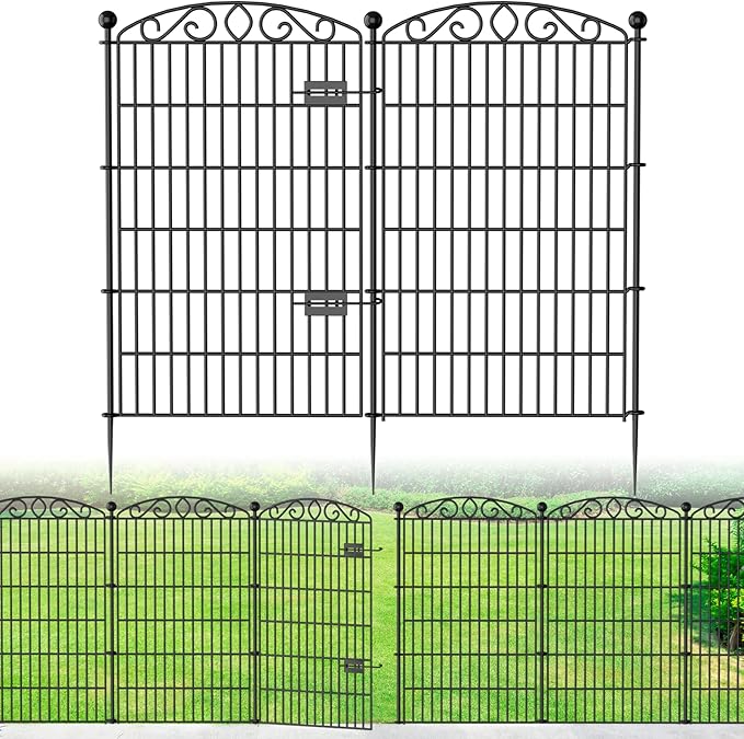 12 Panel No Dig Decorative Garden Fence with Gate - 42in H x 26.5 ft L, Tall Animal Barrier for Dogs Rabbits, Rustproof Metal Wire Panels for Yard, Patio, and Outdoor Border Use