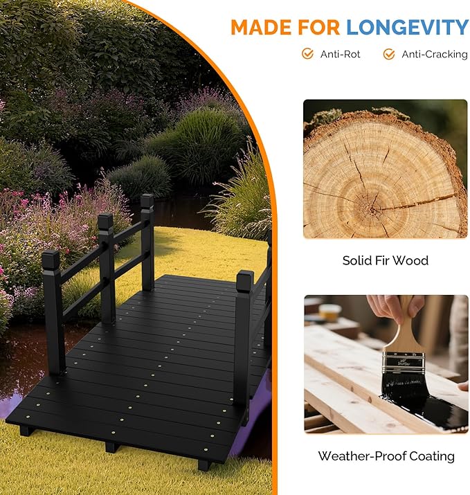 VINGLI Garden Bridge, Classic Wooden Bridge with Safety Rails, Decorative Arched Footbridge (Black, 5 ft)
