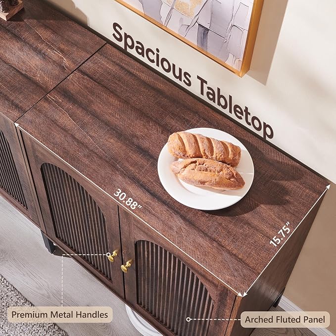 Modern Buffet Cabinet with Storage, 34" Tall Fluted Arched Sideboard Cabinet w/Adjustable Shelves, Wooden Modular Coffee Bar for Dining Room, Kitchen, Living Room, Entryway, Brown