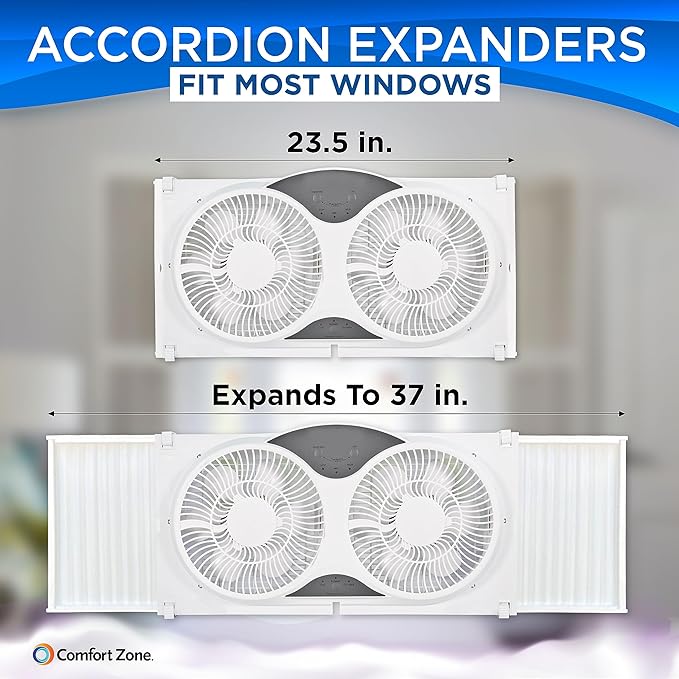 Comfort Zone 9-Inch Smart WiFi Twin Window Fan – 3-Speed Dual Blade Fan with App & Voice Control, Reversible Exhaust, Cooling & Circulate Modes, Expandable 23.5" to 37", Bug Screen