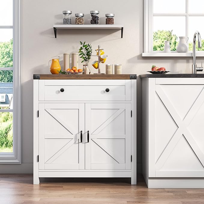 HOSTACK Coffee Bar Cabinet, Kitchen Storage Cabinet, Modern Farmhouse Buffet Sideboard with Drawer and Adjustable Shelf, Barn Door Accent Cabinets for Kitchen, Dining Room, Entryway, White