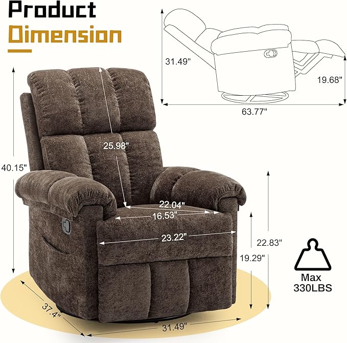Recliner Chair, Swivel Rocker Recliner Chair for Adults, Small Recliners for Small Spaces, Upholstered Manual Recliner with Side Pockets, Nursery Rocking Chair for Living Room, Chenille, Brown