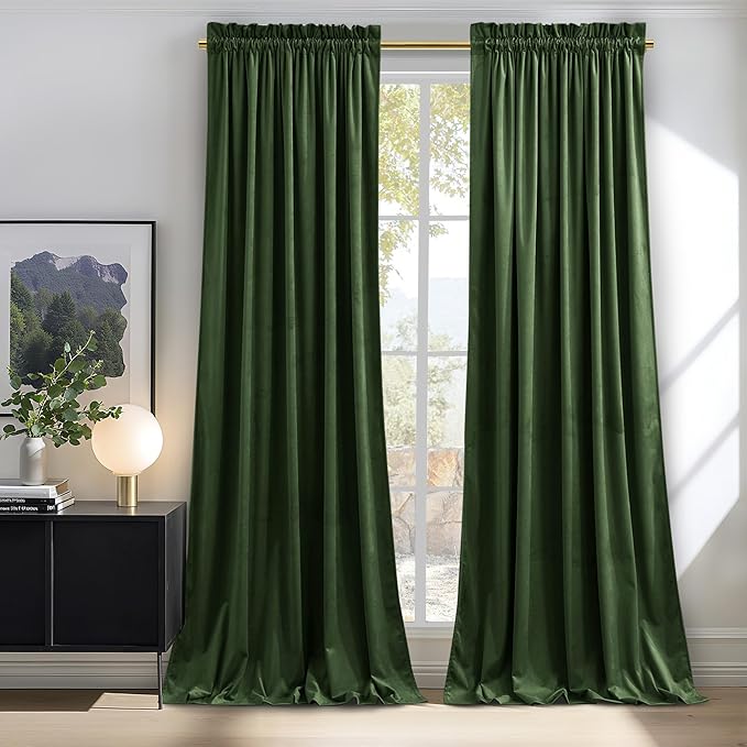 NICETOWN Olive Green Velvet Blackout Curtains 98 inch Long - Room Darkening Drapes, Super Soft Luxury Window Treatments for Bedroom and Living Room, 52" Wide Each Panel, 2 Panels