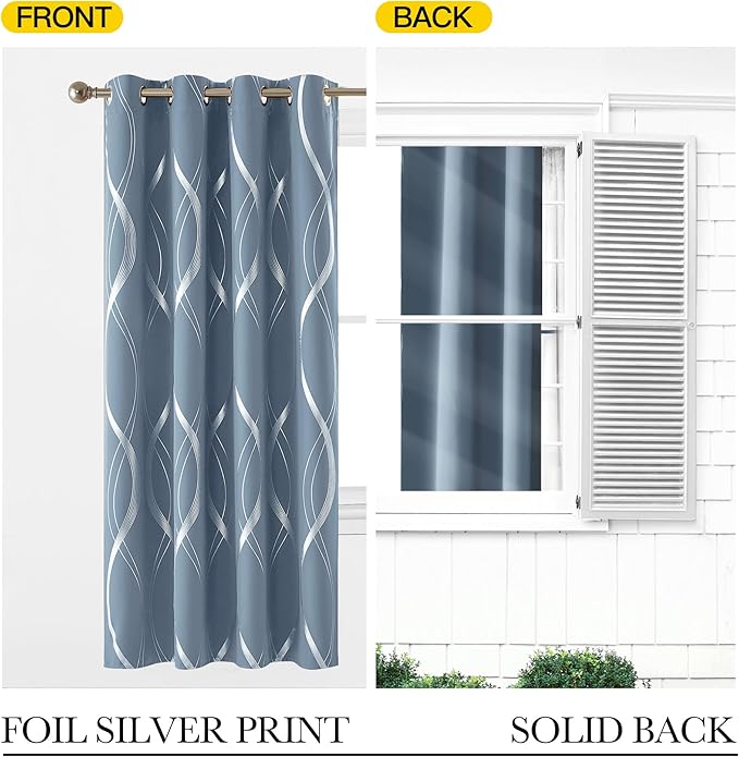 NICETOWN Vintage Blue Foil Print 90 inch Long Curtains for Elegant Home Decoration, Wave Silver Line Design Drapes Light Filtering, W52 x L90, 2 Panels