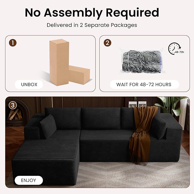 106" Cloud Sectional Boneless Couches for Living Room, Modular L Shaped Couch with Deep Seat Oversized Left Facing Chaise, Memory Foam Compressed Spineless 3 Seater Sofa for Bedroom Apartment, Black