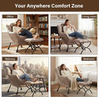 Welnow Lazy Chair with Ottoman, Modern Reading Accent Chair with Armrests and a Side Pocket, Leisure Upholstered Lazy Sofa Set with Footrest for Small Space, Khaki