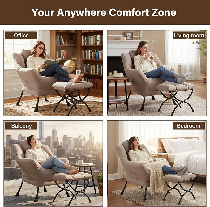 Welnow Lazy Chair with Ottoman, Modern Reading Accent Chair with Armrests and a Side Pocket, Leisure Upholstered Lazy Sofa Set with Footrest for Small Space, Khaki
