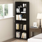 Furinno JAYA Book Shelf, 5-Tier Bookshelf, Bookcase with Adjustable Shelves, 9.5" x 24.5" x 71.2", for Organization and Storage, for Living Room, Bedroom, Home Office, Espresso