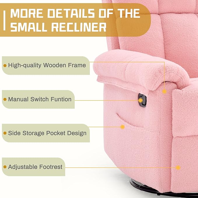 Recliner Chair, Swivel Rocker Recliner Chair for Adults, Small Recliners for Small Spaces, Manual Recliner with Side Pockets, Upholstered Nursery Rocking Chair for Living Room, Sherpa, Pink