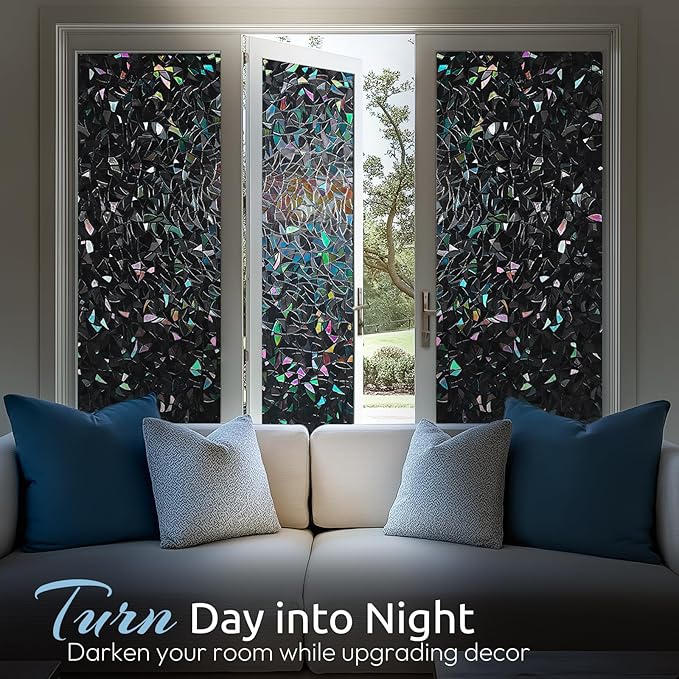 rabbitgoo Window Privacy Film Rainbow Film Decorative Window Sticker, 3D Static Stained Glass Cling Tint for Room Darkening Day Sleep, Black, 29.5 x 157.4 inches