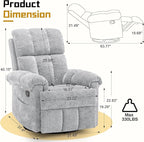 Recliner Chair, Swivel Rocker Recliner Chair for Adults, Small Recliners for Small Spaces, Manual Recliner Chair with Side Pockets, Nursery Rocking Chair for Living Room, Chenille, Silver Grey