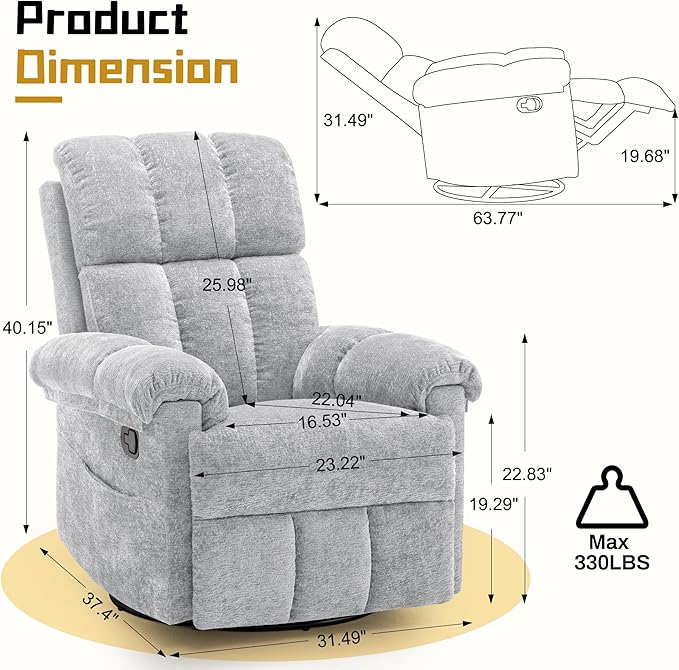 Recliner Chair, Swivel Rocker Recliner Chair for Adults, Small Recliners for Small Spaces, Manual Recliner Chair with Side Pockets, Nursery Rocking Chair for Living Room, Chenille, Silver Grey