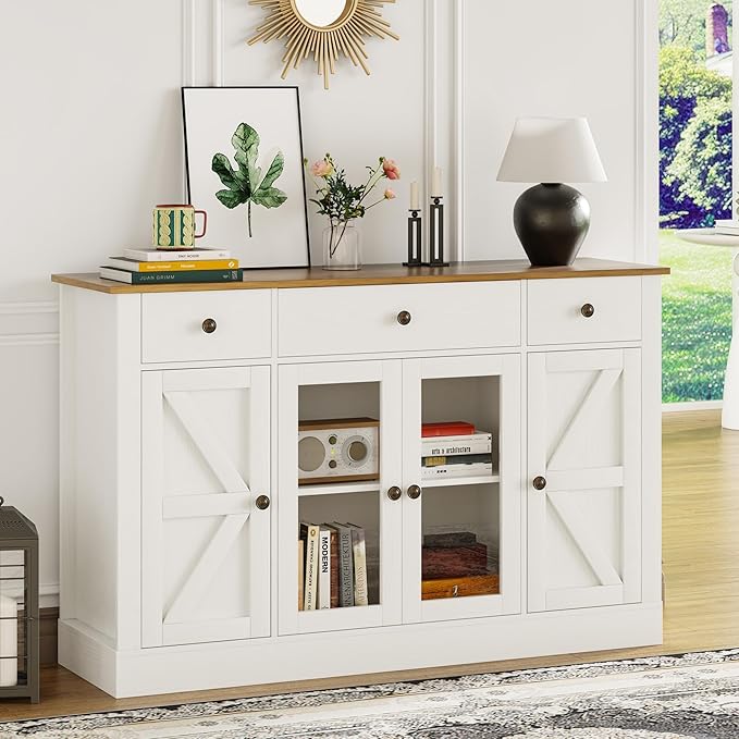 4 EVER WINNER 55" Buffet Cabinet with Storage, Farmhouse Coffee Bar Cabinet with Glass Doors and Drawers, Sideboard Cabinets with Adjustable Shelves for Living Room, Kitchen, White
