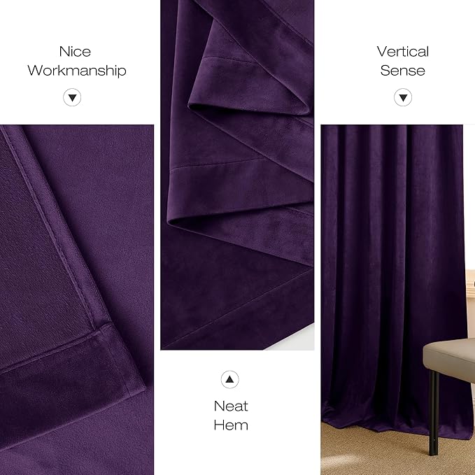 NICETOWN Purple Velvet Blackout Curtains 96 inches Long, Solid Heavy Matt Rod Pocket Drapes/Window Treatments for Hall, Theater (2 Pieces)