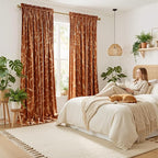 NICETOWN Burnt Orange Velvet Curtains 96" Long with Gold Foil Leaf Print – Mid-Century Modern Terracotta Drapes for Living Room, Luxury Vintage Rust Window Treatments for Holiday Decor, 2 Panels