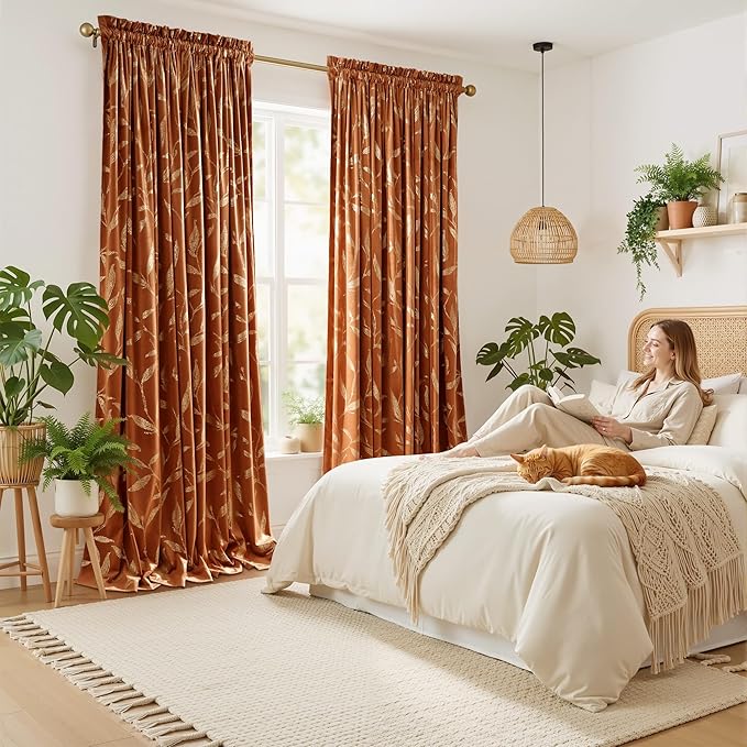 NICETOWN Burnt Orange Velvet Curtains 96" Long with Gold Foil Leaf Print – Mid-Century Modern Terracotta Drapes for Living Room, Luxury Vintage Rust Window Treatments for Holiday Decor, 2 Panels