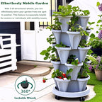 7 Tiered Strawberry Planters 2 Pack, Vertical Stackable Planter, Herb Stacking Tower Garden, Flower and Vegetable Planters with Support Pole Indoor & Outdoor with Removable Wheels - White