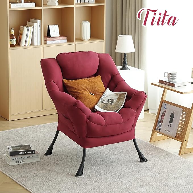 Tiita Lazy Chair, Red Modern Large Accent Armchair, Comfy Leisure Sofa Reading Chair for Bedroom, Living Room, Dorm Rooms, Garden and Courtyard, Red