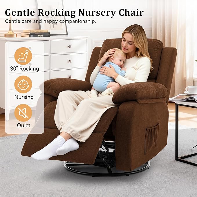 Recliner Chair, 360 Swivel Rocker Chair for Adults, Small Rocking Recliner for Small Spaces, Upholstered Fabric Glider Recliner Nursery