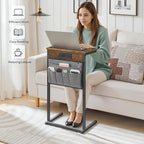HOOBRO C Shaped End Table Set of 2 with Charging Station, 28" H Couch Side Tables for Small Spaces, Slide Under Sofa Tray Recliner Tables with Storage Bag for Living Room, Rustic Brown BF70USFP201