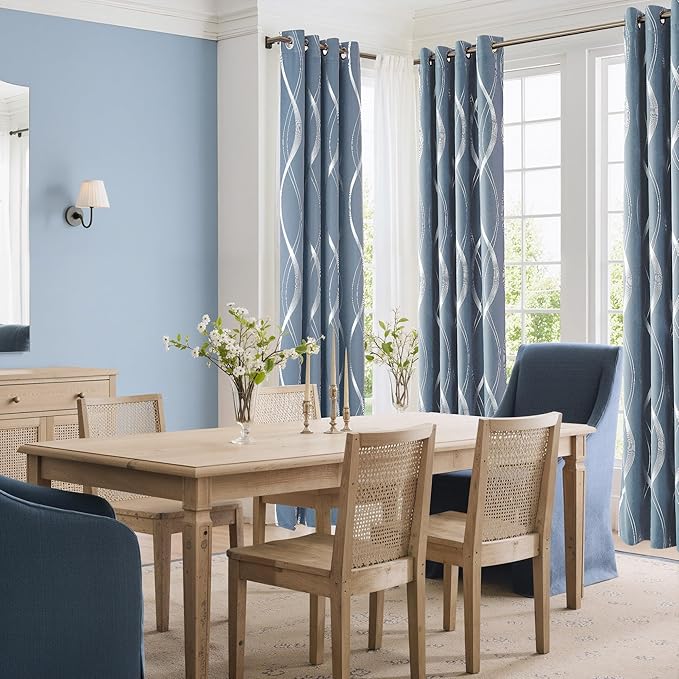 NICETOWN Vintage Blue Foil Print 90 inch Long Curtains for Elegant Home Decoration, Wave Silver Line Design Drapes Light Filtering, W52 x L90, 2 Panels