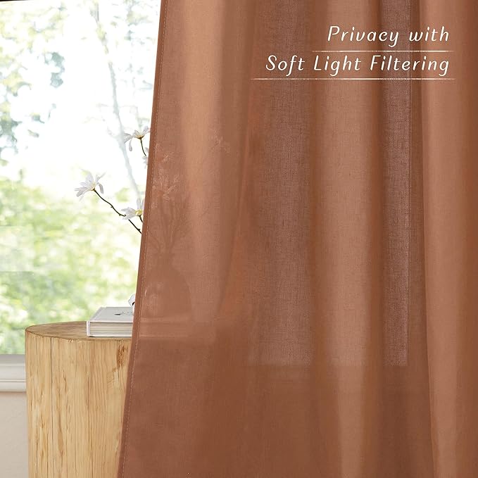 NICETOWN Caramel Linen Curtains for Kitchen, Thick Flax Small Window Treatments Semi Sheer Privacy Assured with Light Through for Cafe/Bathroom, W55 x L92, 2 Panels