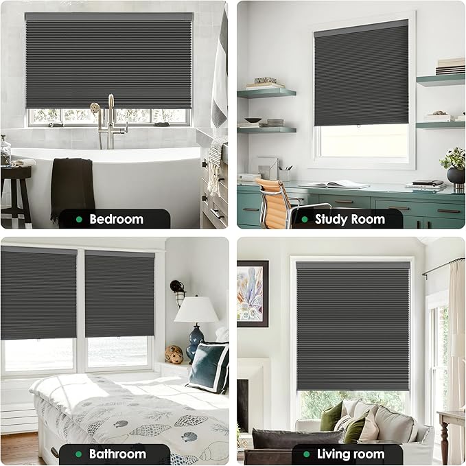 LazBlinds No Tools No Drill Cordless Cellular Shades, Blackout Light Blocking Honeycomb Shades for Home, Thermal Insulation Blinds for Windows, 26" W x 64" H, Black