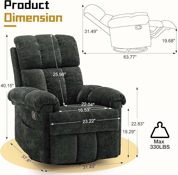 Recliner Chair, Swivel Rocker Recliner Chair for Adults, Small Recliners for Small Spaces, Upholstered Manual Recliner with Side Pockets, Nursery Rocking Chair for Living Room, Chenille, Black